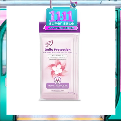 PURE N SOFT Daily Protection Flushable & Plant based Feminine Wipes (Prebiotics + Anti bacterial + Odour Protection) 10s x 3 Packs image