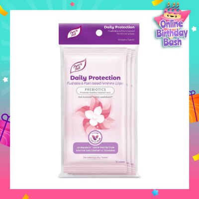 PURE N SOFT Daily Protection Flushable & Plant-based Feminine Wipes (Prebiotics + Anti-bacterial + Odour Protection) 10s x 3 Packs