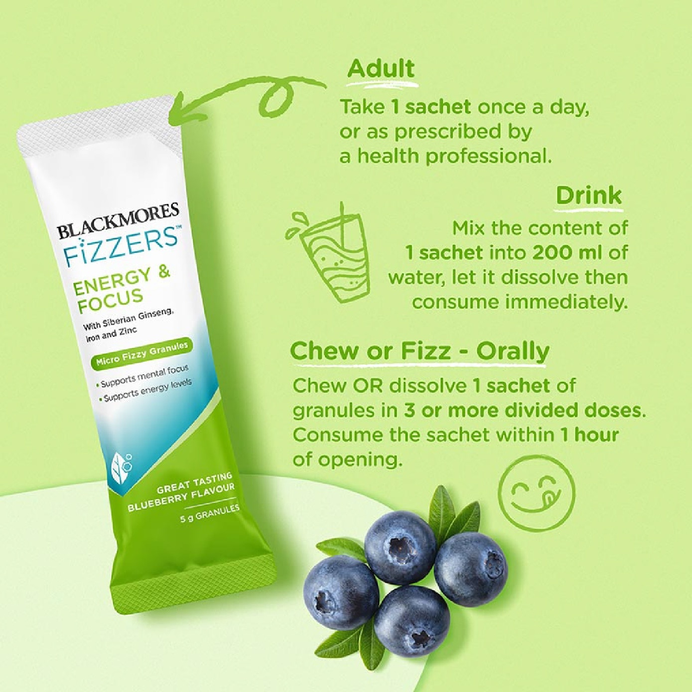 Fizzers Energy & Focus Blueberry Flavour 5g x 5s