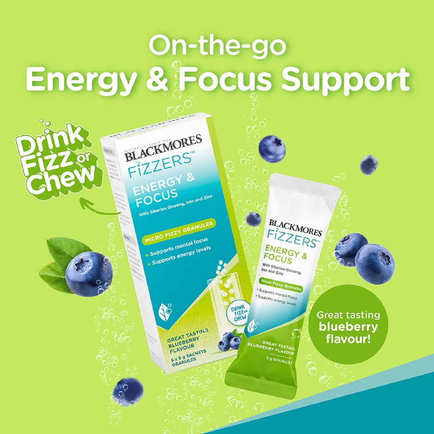 Fizzers Energy & Focus Blueberry Flavour 5g x 5s
