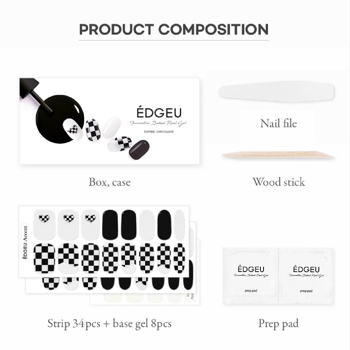 Real Gel Nail Strips ENP908 Checkmate (Semi-Baked + Ultra Glossy + Long-Lasting + Salon Quality) 1s