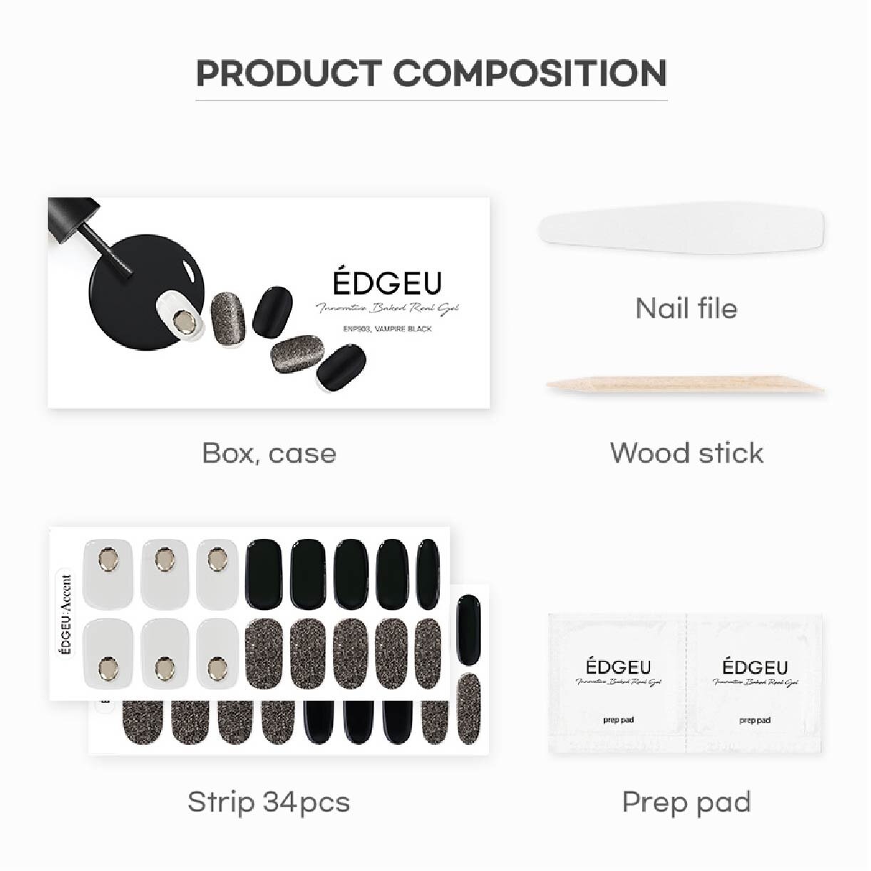 Real Gel Nail Strips ENP903 Vampire Black (Semi-Baked + Ultra Glossy + Long-Lasting + Salon Quality) 1s