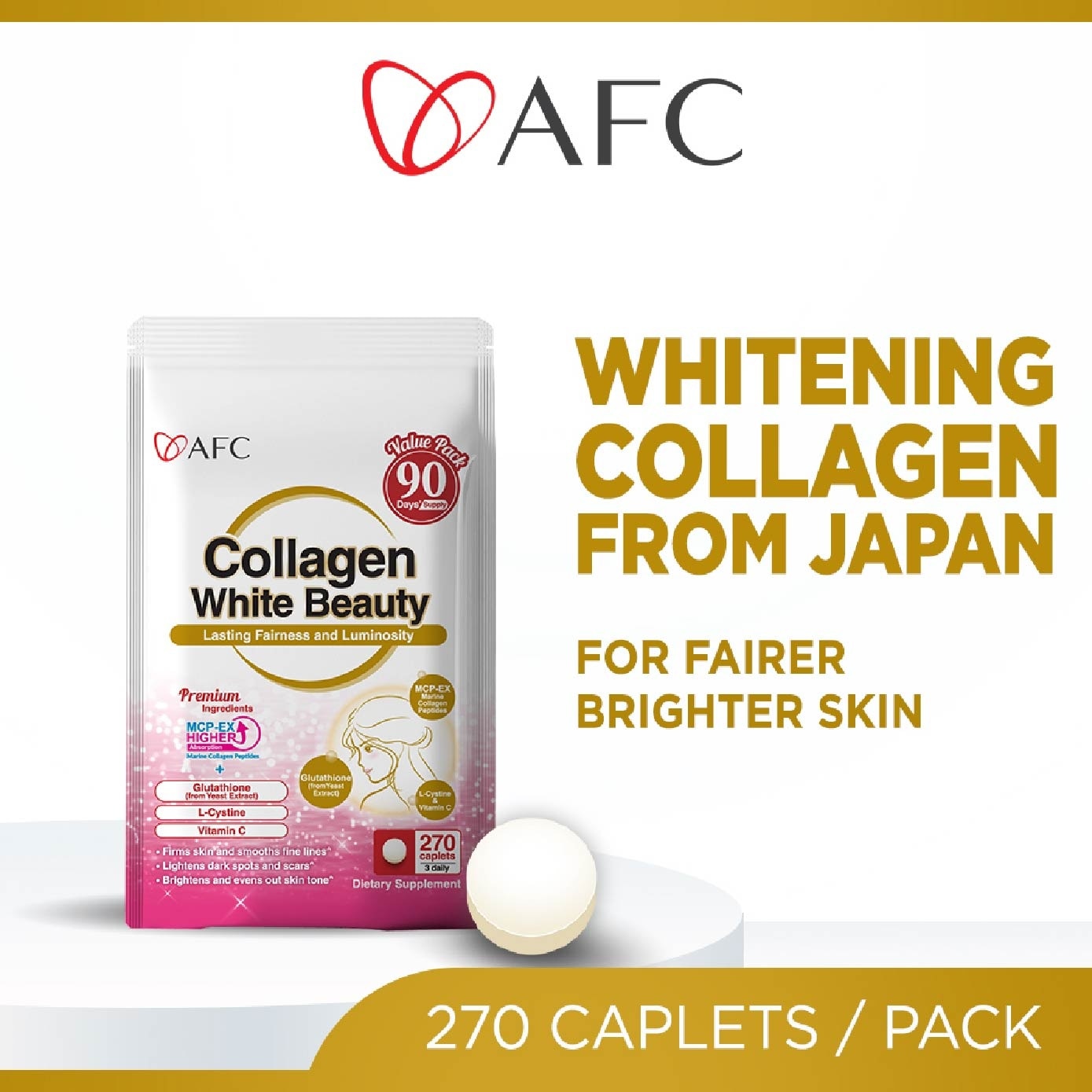 Collagen White Beauty Marine Collagen with Glutathione Skin Brightening Caplets (Skin Radiance and Fair Complexion) 270s