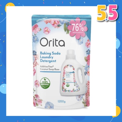 ORITA Eco Friendly Coconut Soap Base Baking Soda Laundry Detergent, Floral Scented Additive Free (Refill Pack) 1200g