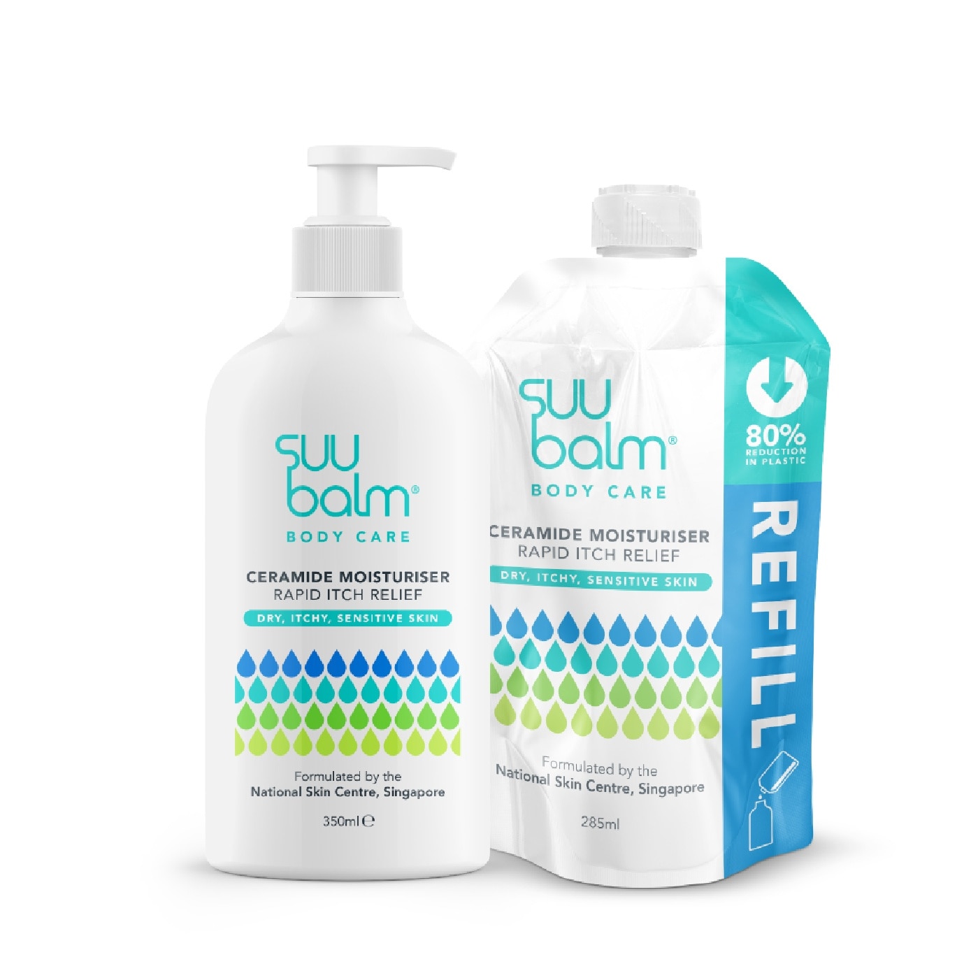 Ceramide Moisturiser Rapid Itch Relief Packset consists of Moisturiser 350ml + Refill Pack 285ml