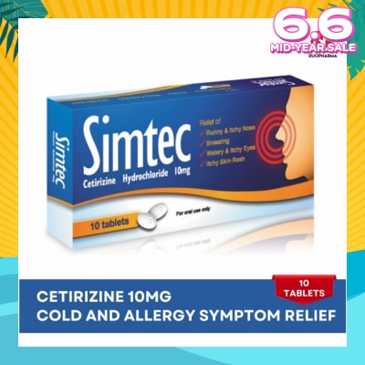 SIMTEC Cetirizine 10Mg (Relief Cold And Allergy Symptoms) Tablet 10s