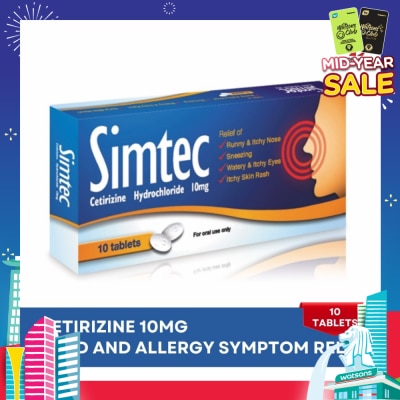 SIMTEC Cetirizine 10Mg (Relief Cold And Allergy Symptoms) Tablet 10s