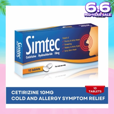 SIMTEC Cetirizine 10Mg (Relief Cold And Allergy Symptoms) Tablet 10s