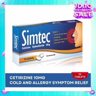 SIMTEC Cetirizine 10Mg (Relief Cold And Allergy Symptoms) Tablet 10s