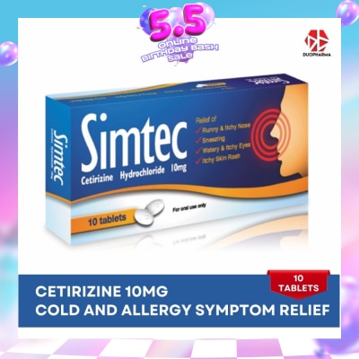 SIMTEC - Cetirizine 10Mg (Relief Cold And Allergy Symptoms) Tablet 10s