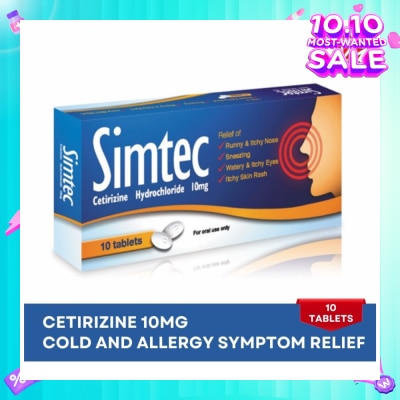 SIMTEC Cetirizine 10Mg (Relief Cold And Allergy Symptoms) Tablet 10s