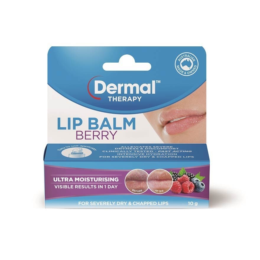 DERMAL THERAPY Lip Balm Berry (Hydrate + Soften Severely Dry + Chapped Lips) 10g