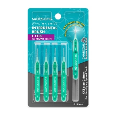 WATSONS I-Type Charcoal Interdental Brush (For front teeth, japan stainless steel wire, XXS size 0.6mm, Charcoal removes bad breath) 5s