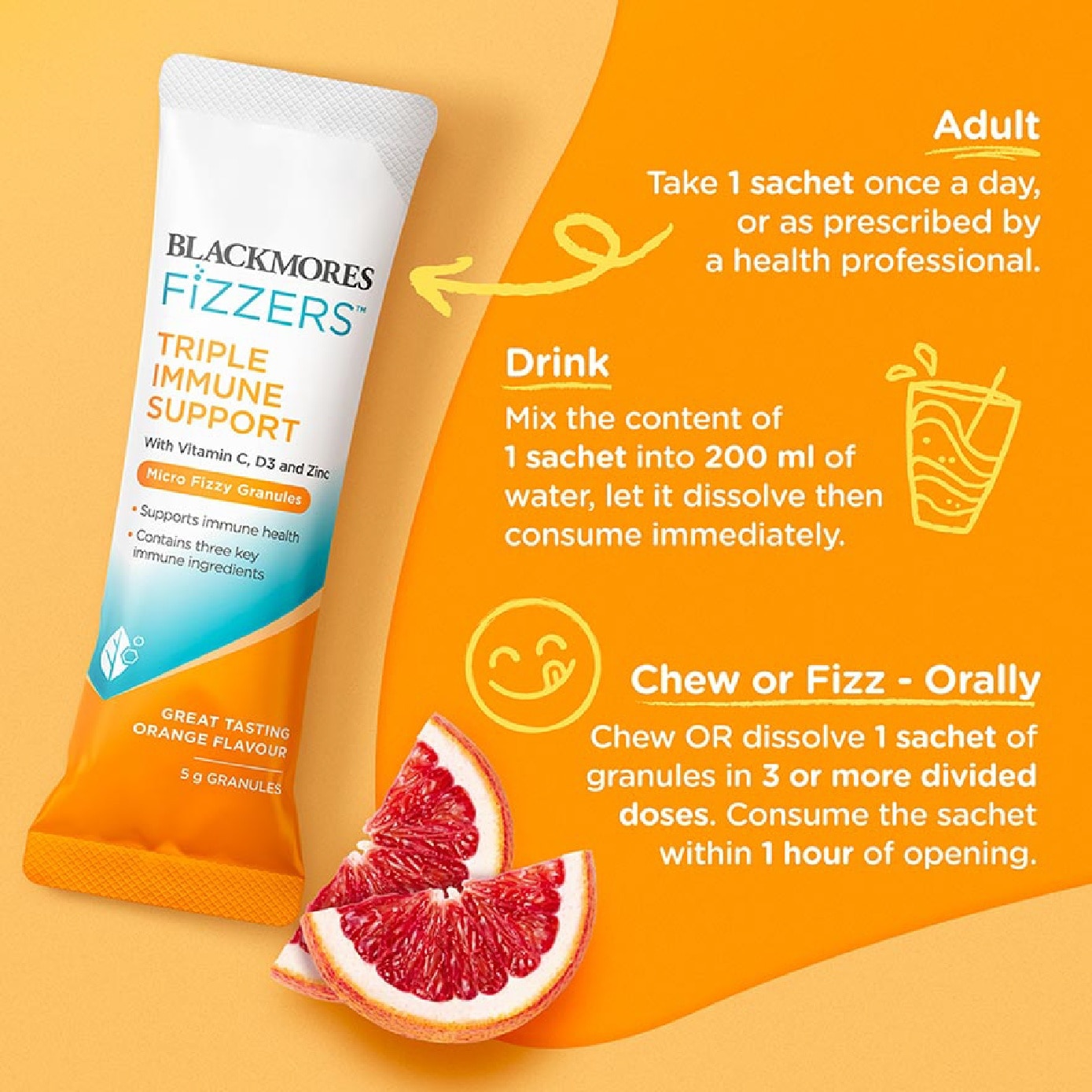 Fizzers Triple Immune Support Orange Flavour 5g x 5s