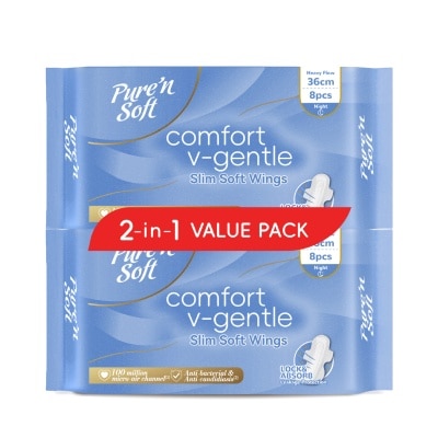 PURE N SOFT - Comfort V-Gentle Slim Soft Wings 36cm for Night Value Pack 8s x 2