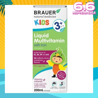 BRAUER Liquid Multivitamin with Iron for Kids 99% Sugar Free No Artifical Colours Sweeteners & Flavours Naturally Delicious Fruit Cup Flavour (Help Support Healthy Immunity, Growth & Vitality) 200ml