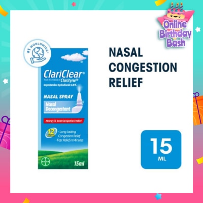 CLARITYNE Clariclear Nasal Congestion Relief Spray (For Adults And Children Above 6 Years) 15ml