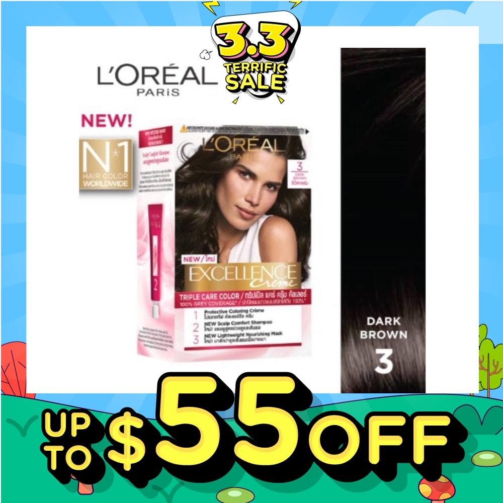 L'OREAL PARIS EXCELLENCE Créme Hair Colour #3 Natural Dark Brown (100% Grey Coverage for Rich & Radiant Colour) 1s