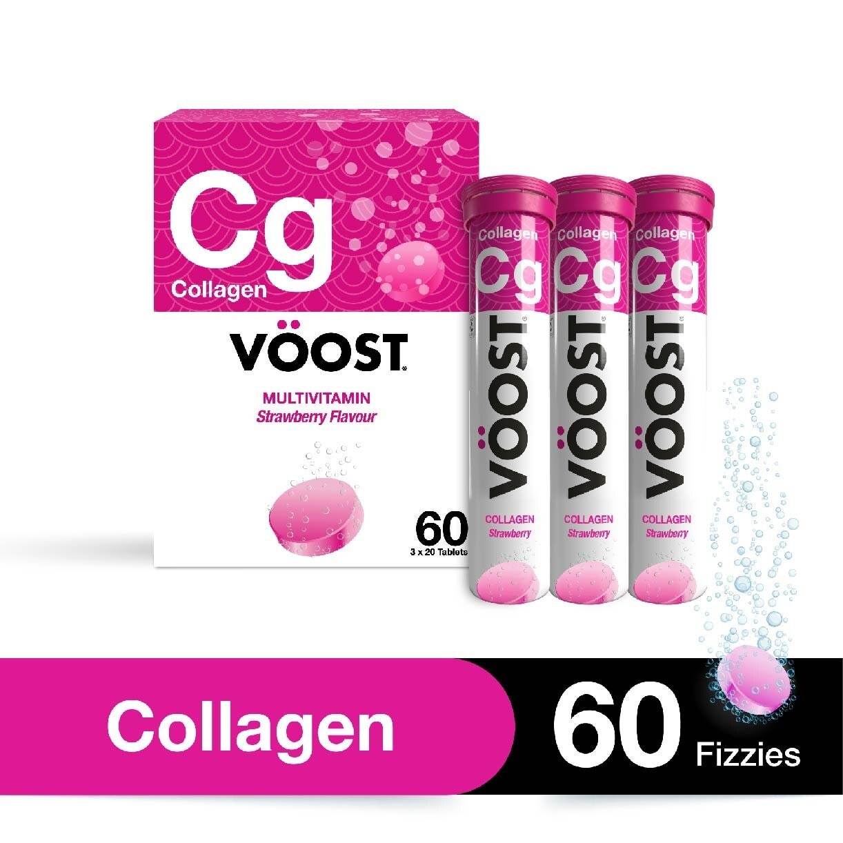 Multivitamin Effervescent Tablet Collagen Strawberry 20s Trio Packset 3 Tubes x 60s