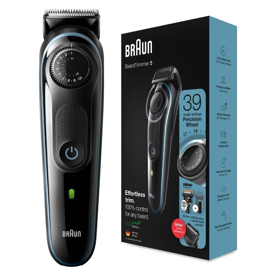 Beard Trimmer 5 BT5340 For Men Black / Nordic Blue (Hair Clipper + Lifetime Sharp Blades + 39 Length Settings) 1s