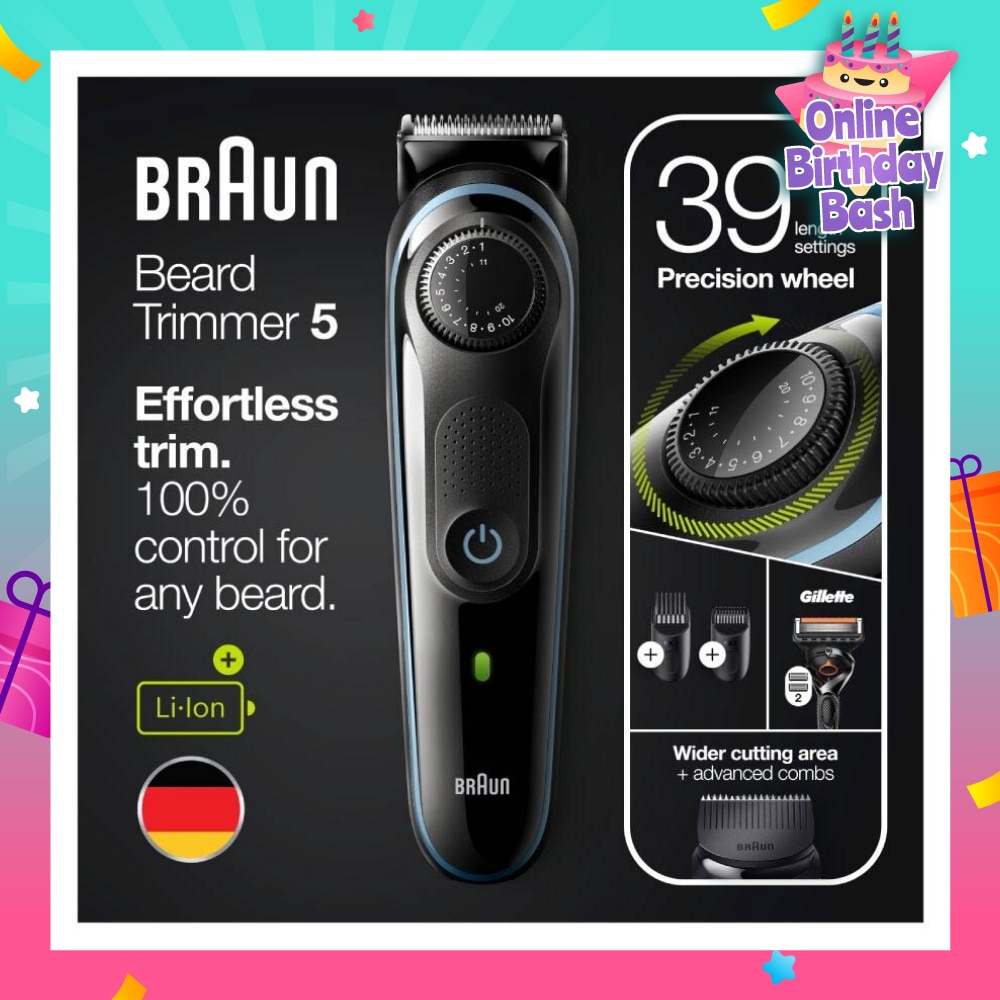 Beard Trimmer 5 BT5340 For Men Black / Nordic Blue (Hair Clipper + Lifetime Sharp Blades + 39 Length Settings) 1s