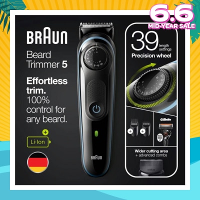 BRAUN Beard Trimmer 5 BT5340 For Men Black / Nordic Blue (Hair Clipper + Lifetime Sharp Blades + 39 Length Settings) 1s