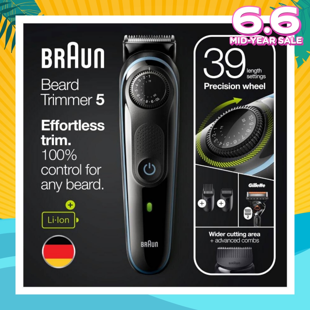 Beard Trimmer 5 BT5340 For Men Black / Nordic Blue (Hair Clipper + Lifetime Sharp Blades + 39 Length Settings) 1s