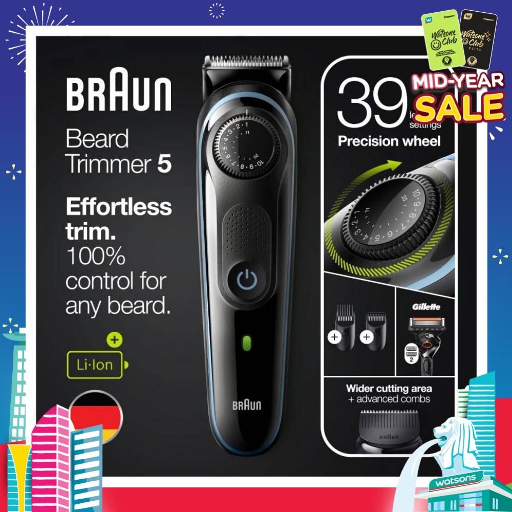 Beard Trimmer 5 BT5340 For Men Black / Nordic Blue (Hair Clipper + Lifetime Sharp Blades + 39 Length Settings) 1s