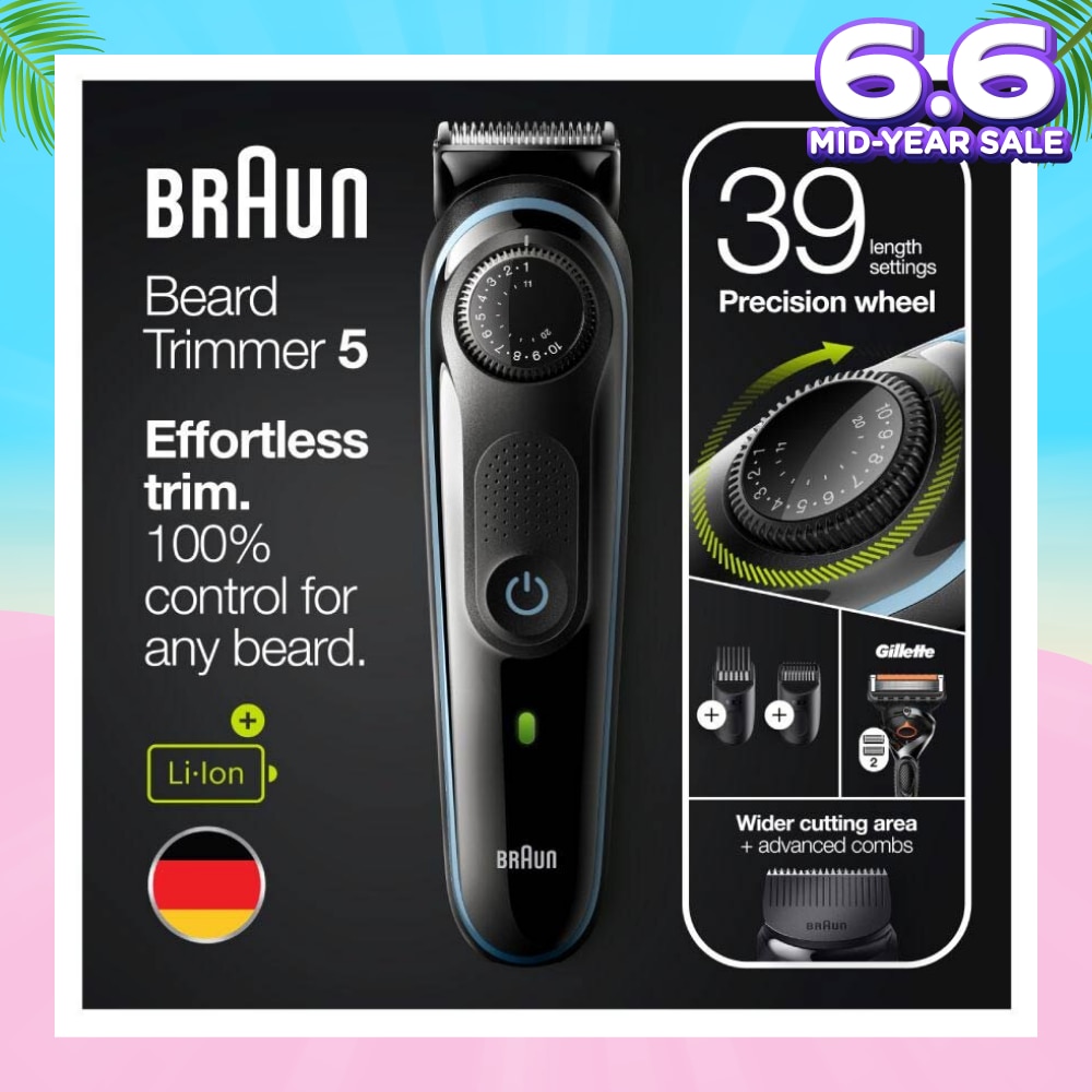 Beard Trimmer 5 BT5340 For Men Black / Nordic Blue (Hair Clipper + Lifetime Sharp Blades + 39 Length Settings) 1s