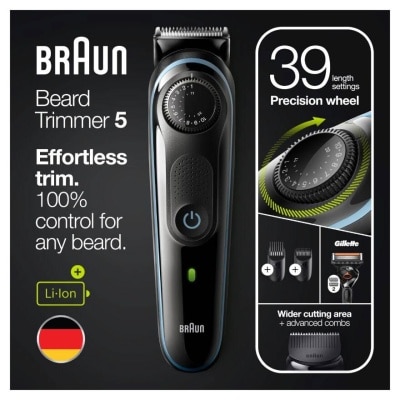 BRAUN Beard Trimmer 5 BT5340 For Men Black / Nordic Blue (Hair Clipper + Lifetime Sharp Blades + 39 Length Settings) 1s