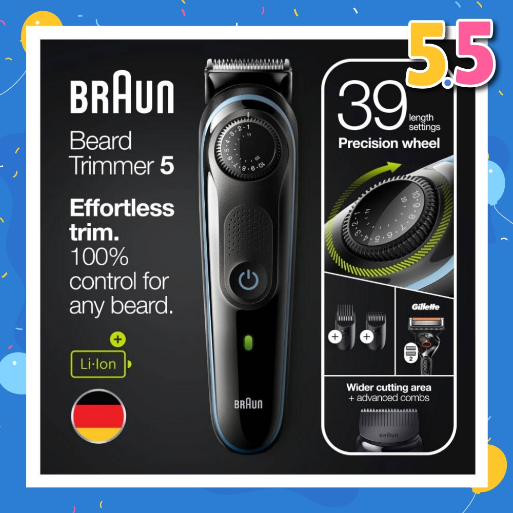 Beard Trimmer 5 BT5340 For Men Black / Nordic Blue (Hair Clipper + Lifetime Sharp Blades + 39 Length Settings) 1s