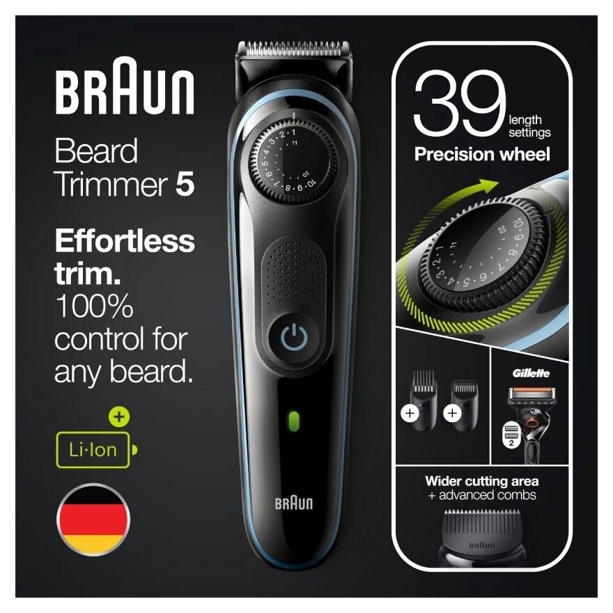 Beard Trimmer 5 BT5340 For Men Black / Nordic Blue (Hair Clipper + Lifetime Sharp Blades + 39 Length Settings) 1s