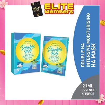 WATSONS Double Ha Intensive Moisturising Ha Mask (Cica Extract, Hyaluronic Acid, Jeju Thermal Spring Water, Intense Hydration) 21ml Essence X 10s