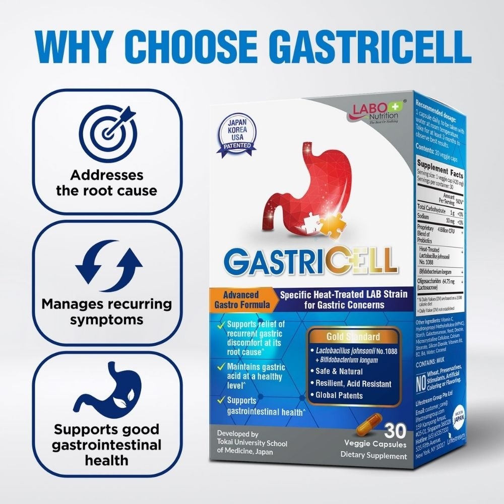 GastricCell Dietary Supplement Capsule (To Relieve Acid Reflux, Heartburn, Bloat, Indigestion, Burping, Regulate Gastric Acid - End Recurring Gastric Problems) 30s