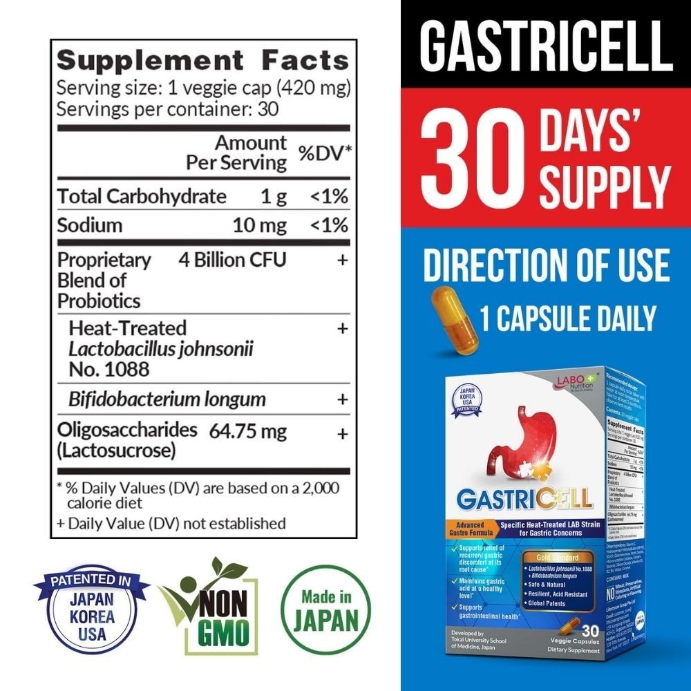 GastricCell Dietary Supplement Capsule (To Relieve Acid Reflux, Heartburn, Bloat, Indigestion, Burping, Regulate Gastric Acid - End Recurring Gastric Problems) 30s
