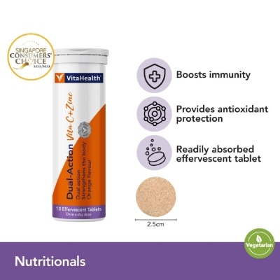 VITAHEALTH Dual-Action Vita C + Zinc Efferverscent Tablet Orange 10s ...