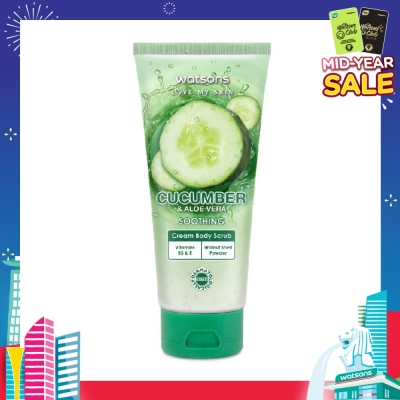 WATSONS Aloe Vera & Cucumber Soothing Cream Body Scrub (Dermatologically Tested, Vitamins B3 & E, Walnut Shell Powder) 200ml