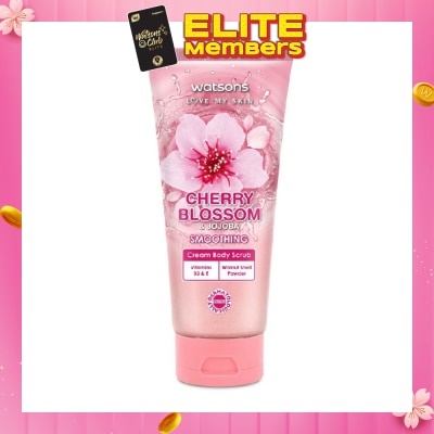 WATSONS Cherry Blossom & Jojoba Smoothing Cream Body Scrub (Dermatologically Tested, Vitamins B3 & E, Walnut Shell Powder) 200ml