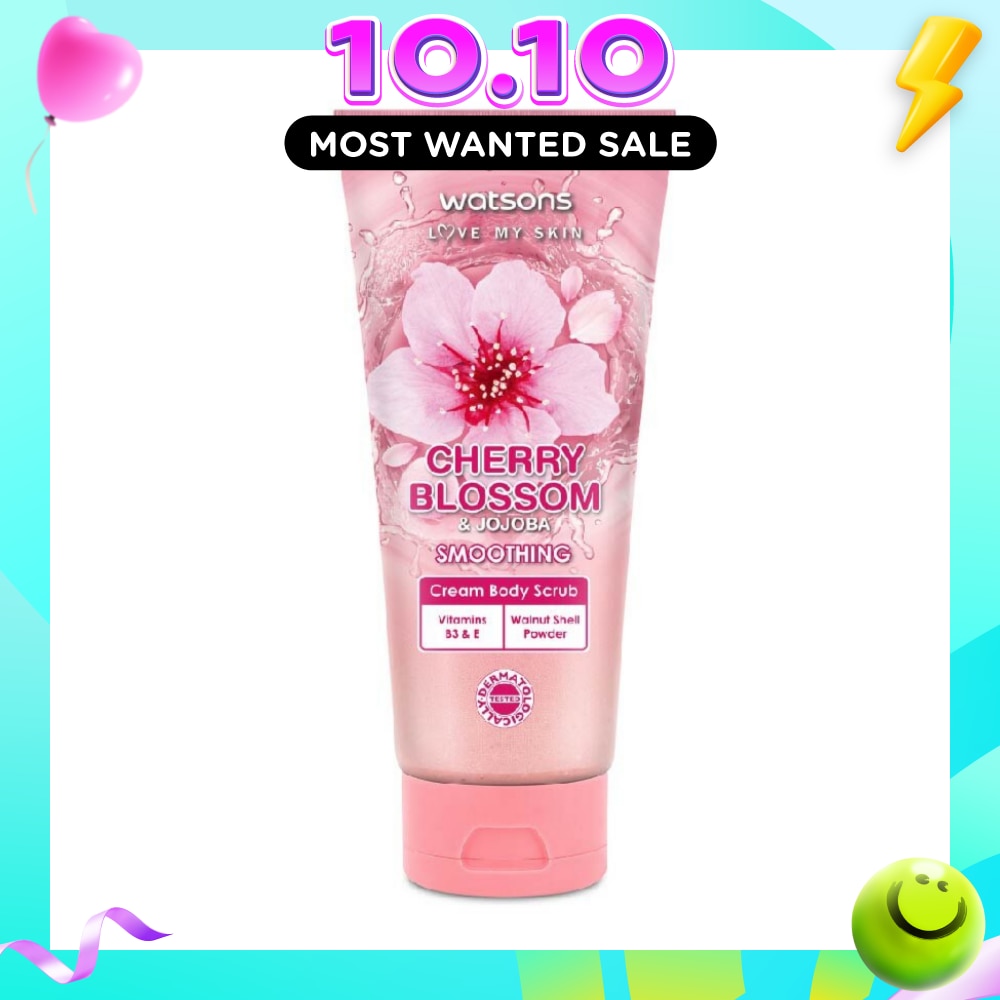 Cherry Blossom & Jojoba Smoothing Cream Body Scrub (Dermatologically Tested, Vitamins B3 & E, Walnut Shell Powder) 200ml image