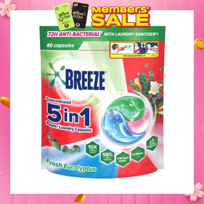 BREEZE 5 in 1 Power Laundry Capsule 72H Anti-Bacterial Fresh Eucalyptus 40s