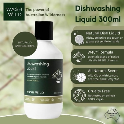 WASH WILD Dishwashing Liquid (Antibacterial, Kills 99.9% Of Germs Naturally) 300ml