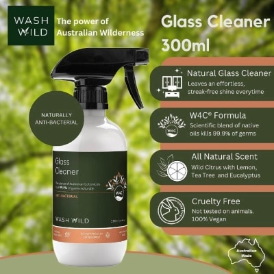 WASH WILD Glass Cleaner (Antibacterial, Kills 99.9% Of Germs Naturally) 300ml