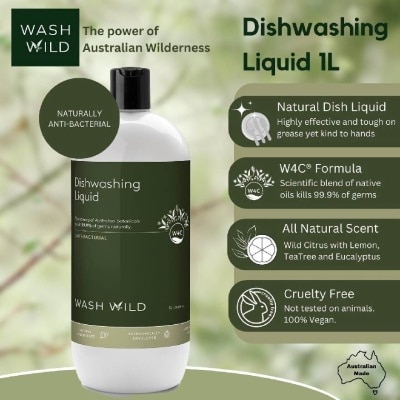 WASH WILD Dishwashing Liquid (Antibacterial, Kills 99.9% Of Germs Naturally) 1000ml