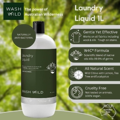 WASH WILD Laundry Liquid (Antibacterial, Kills 99.9% Of Germs Naturally) 1000ml