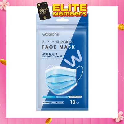WATSONS 3ply Surgical Face Mask Adults 175mm X 95mm (Astm Level 3 EN14683) 10s