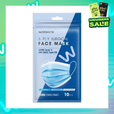 WATSONS 3ply Surgical Face Mask Adults 175mm X 95mm (Astm Level 3 EN14683) 10s
