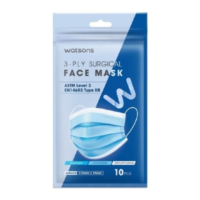 WATSONS 3ply Surgical Face Mask Adults 175mm X 95mm (Astm Level 3 EN14683) 10s