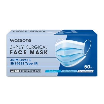 WATSONS 3-Ply Surgical Face Mask ASTM Level 3 EN14683 Type IIR 50s