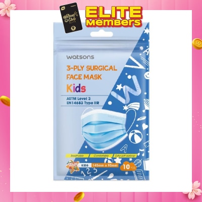 WATSONS 3 Ply Surgical Face Mask Kids 10s 145Mm X 95Mm (Astm Level 3 En14683) 10s