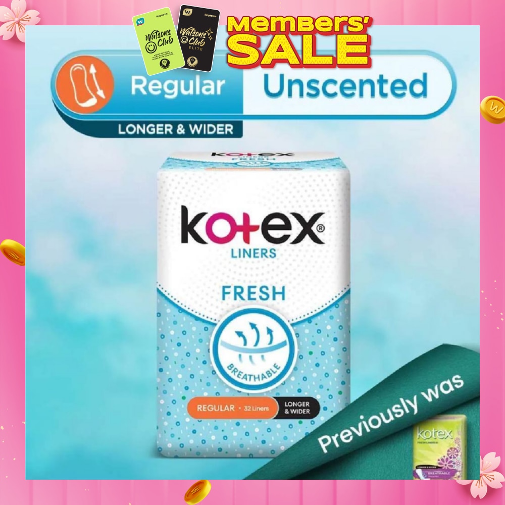 Kotex Fresh Panty Liner Regular Unscented 32s (Longer & Wider)